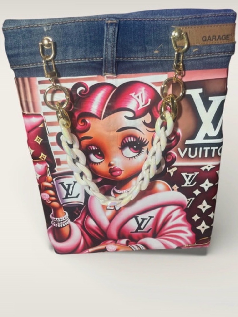 Upcycle Designer-Inspired Pink Art Tote Bag with Chain Strap W 8 1/2 H 11